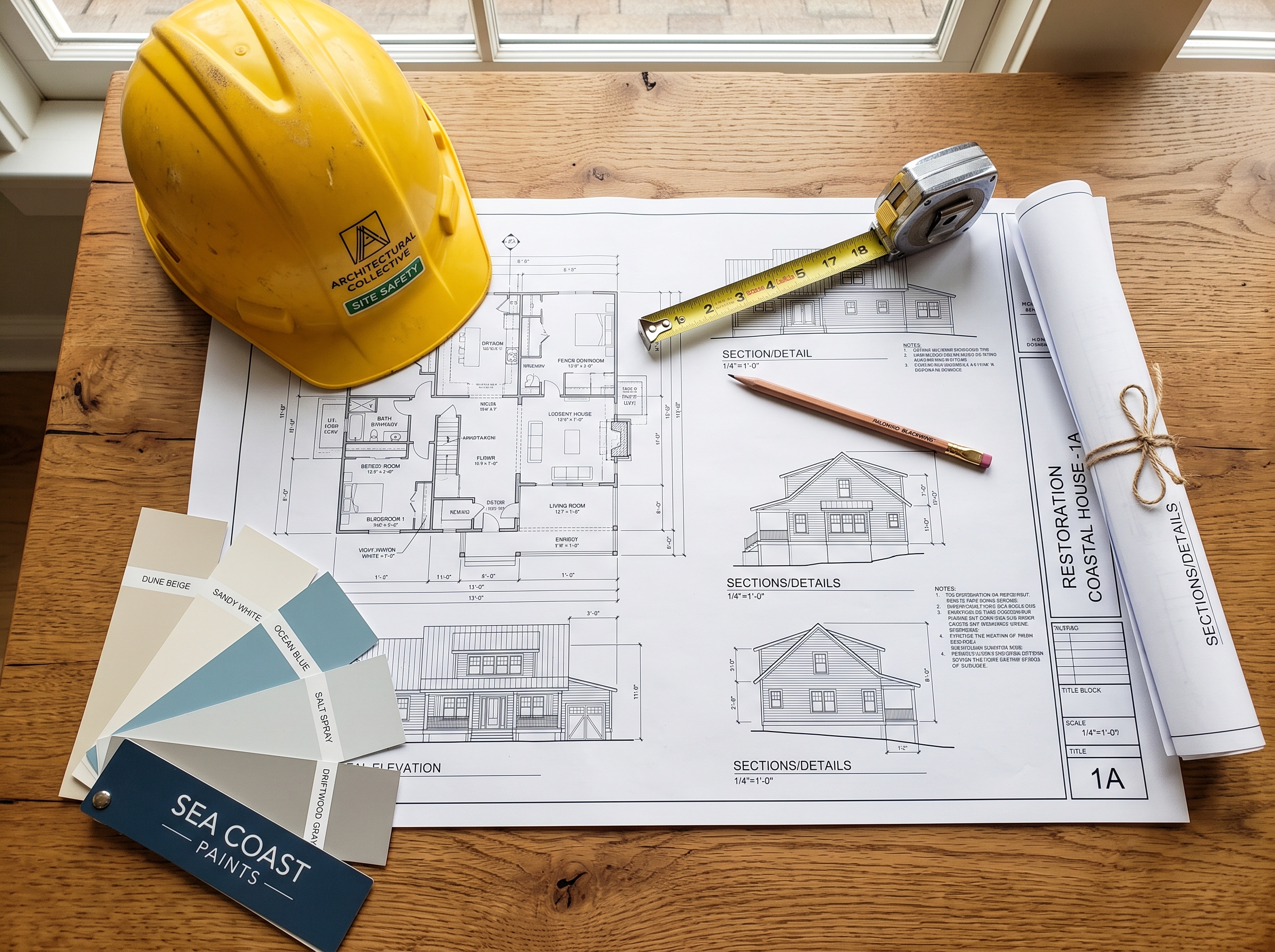 Architectural blueprints, hard hat, tape measure, and coastal paint swatches for a Florida Keys home build