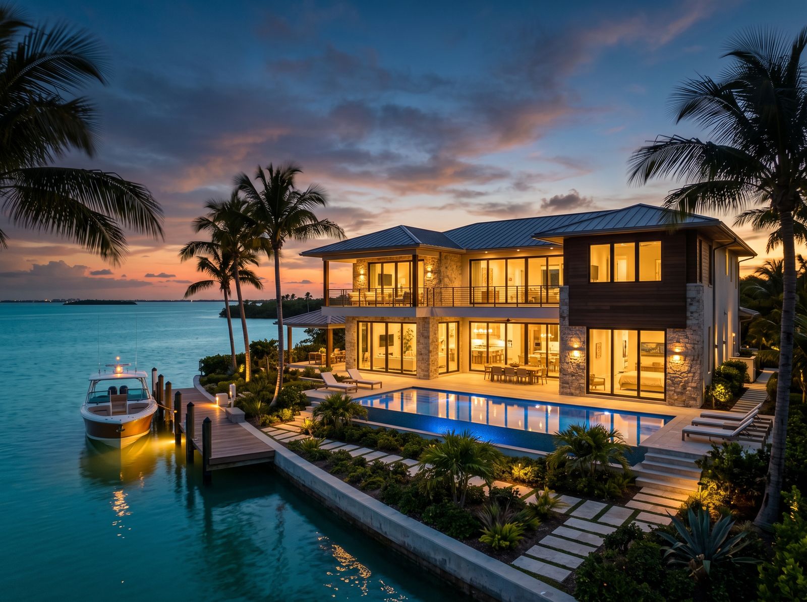 Newly built luxury waterfront home in the Florida Keys at dusk