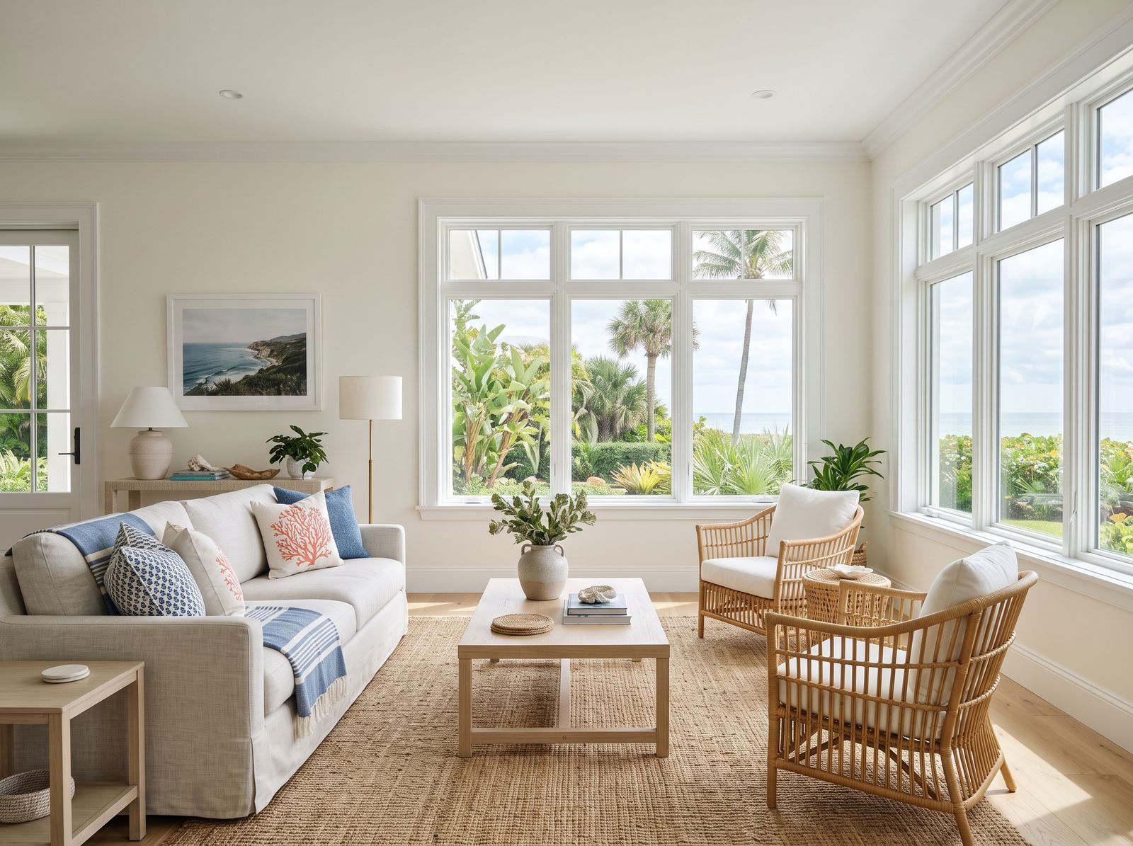 Freshly painted bright coastal living room interior