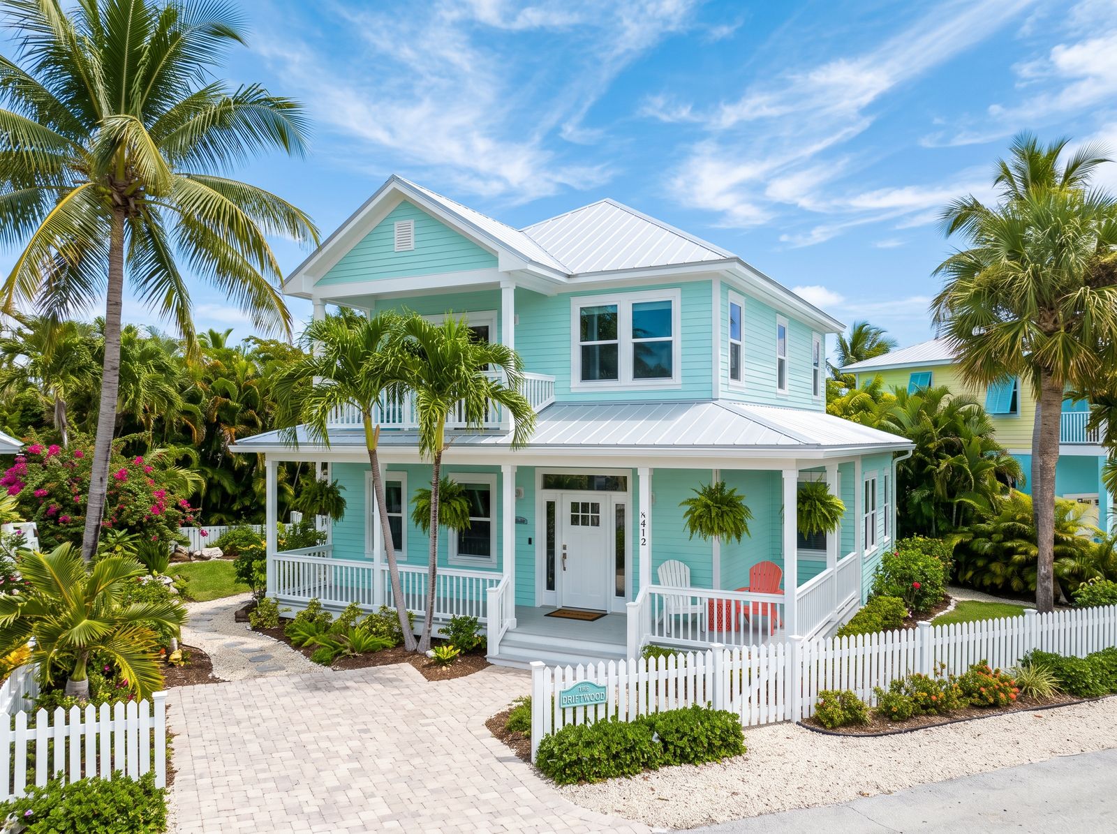 Freshly repainted turquoise Florida Keys coastal home exterior