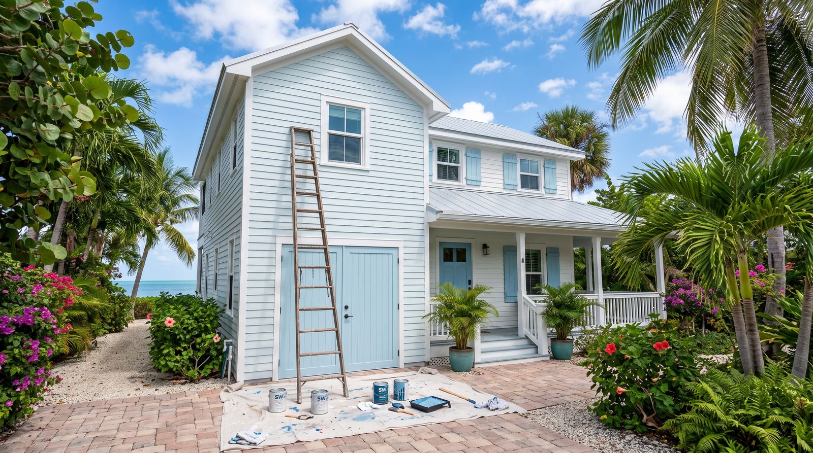 Contractor painting the exterior of a coastal Florida Keys home
