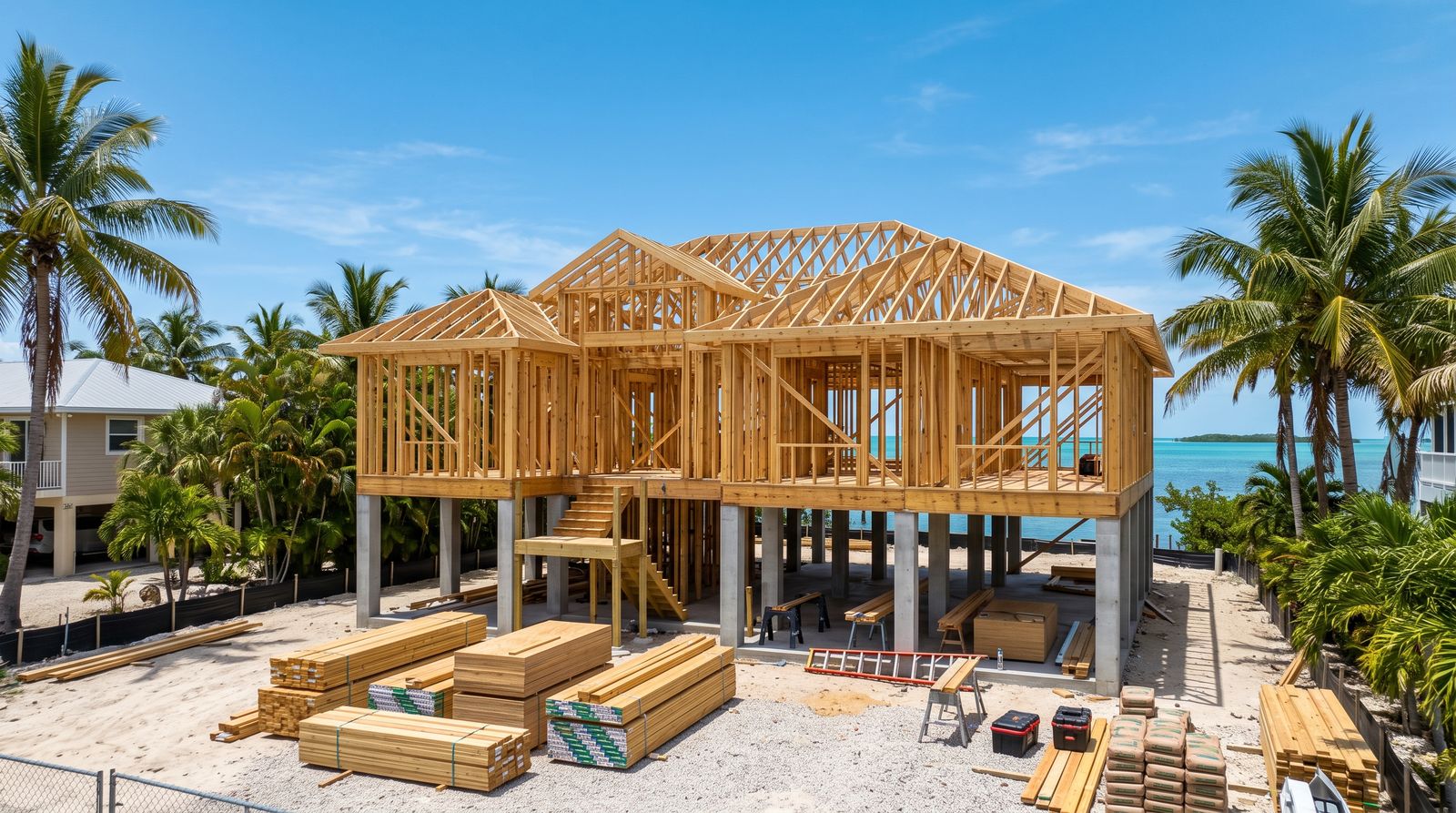 New custom coastal home under construction in the Florida Keys